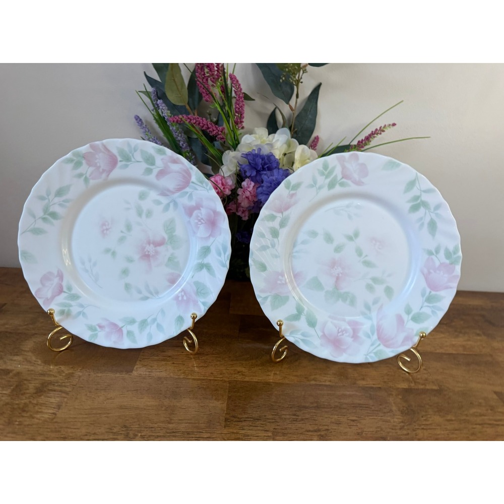 Arcopal Florentine Luncheon Plates France Pink Green Floral Milk Glass Vintage 2